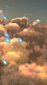 Vertical video: Blue nodes appearing lower-left pulsing, tracing network mapping data over clouds