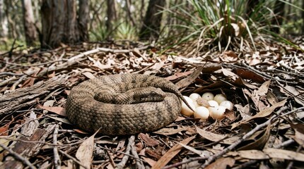 Obraz premium A snake coiled on a bed of leaves with a clutch of eggs.