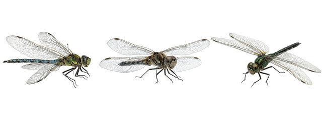 Set of dragonflies with striped blue and green abdomens, mid-flight with tilted translucent wings, revealing fine body hairs and realistic natural detail   © James