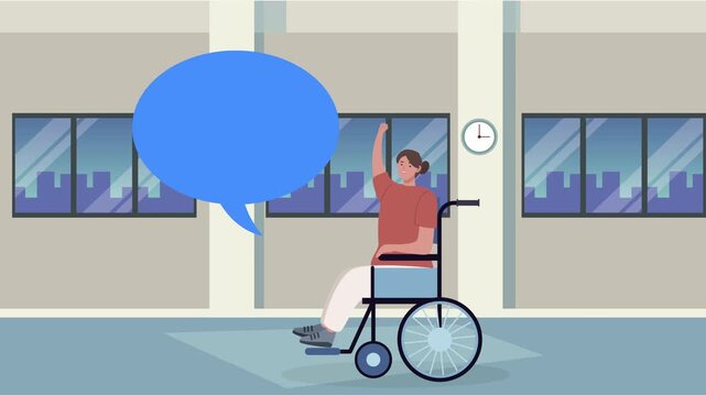 Woman sitting in wheelchair raising hand with empty speech bubble inside indoor office setting.