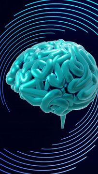 Vertical video: On play 3D turquoise brain rotating and tilting as cyan rings pulsing, showing gyri