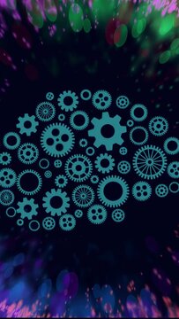 Vertical video: Cyan gear cluster animating halo sweeping inward starting pulsing dots showing flow