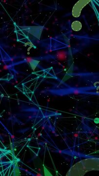 Vertical video: Neon mesh drifting and rewiring while green question marks sliding in guiding focus