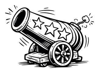 Fototapeta premium Cartoon cannon shooting stars with a lit fuse, embodying ideas of power, aggression, force, and dynamic energy