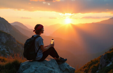 Fototapeta premium Woman hiker sits on rock at mountain top holding water bottle. Golden sunset light rays shine through clouds on peaceful female enjoying nature vista. Backpack rests beside her.