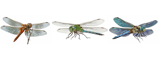 Mixed dragonflies in orange, green, and blue tones, hovering at varying angles to reveal intricate wing venation and shimmering iridescent bodies   © James