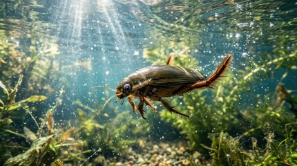 Fototapeta premium A fish swimming in a clear, blue water body with green algae and rocks.
