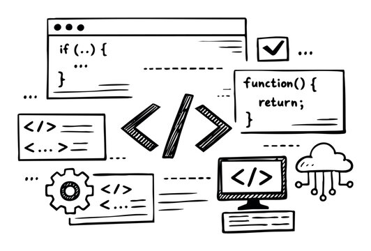 Programming and coding elements with html tags, code snippets, computer monitor, and data cloud illustrating software development