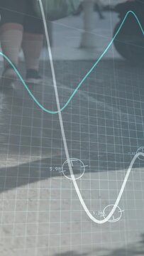 Vertical video: Walkers stepping on sidewalk, causing tech graphs and grid showing foot traffic