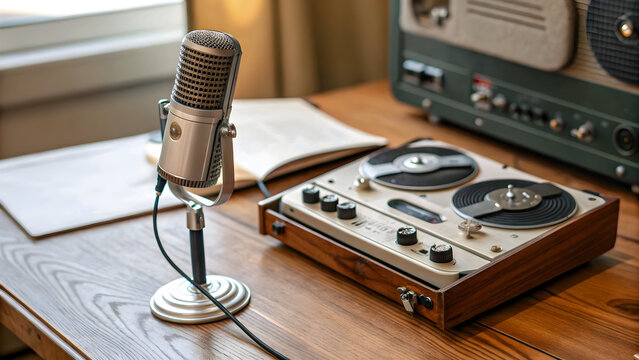 retro microphone on a wooden background