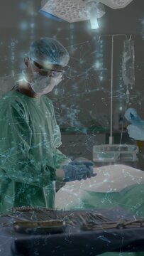 Vertical video: Surgeon reaching for IV, checking tray, overlays highlighting tools, prepping team