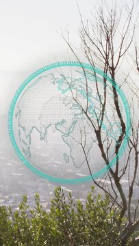 Vertical video: Translucent teal globe fading in, rotating clockwise, shifting map, showing focus