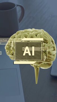Vertical video: Golden brain appearing over desk, rotating as AI panel, boxes sliding, showing AI