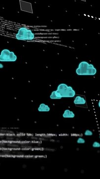 Vertical video: Code block appearing, clouds spawning, linking, advancing, showing cloud network