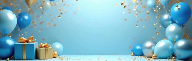 Fototapeta premium Blue and gold balloons float near gift boxes with ribbons. Confetti falls on the festive scene. Clear sky backdrop offers ample copy space for text.
