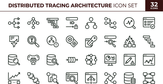 Distributed tracing architecture icon set for cloud observability and infrastructure analytics systems