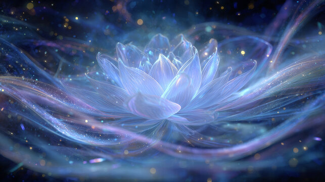 Cosmic lotus flower in space, abstract background with glowing light, spiritual meditation energy. Futuristic digital art illustration