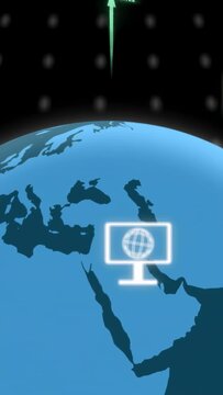Vertical video: On camera pan blue globe rotating, grid flashing, icons sliding visualizing network