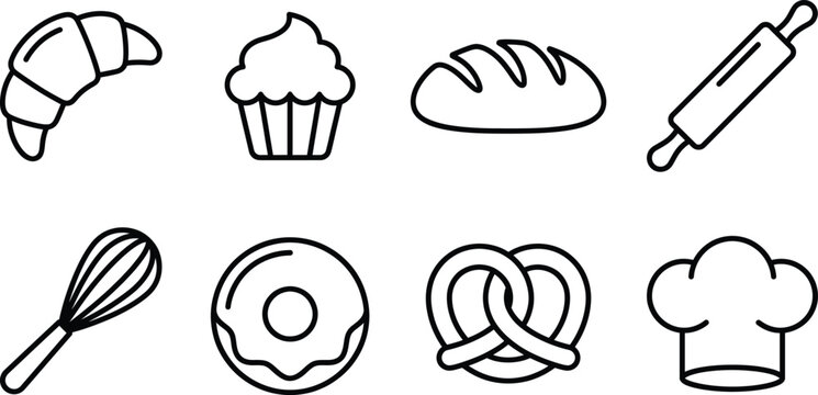 Baking icons set with croissant, cupcake, bread Vector