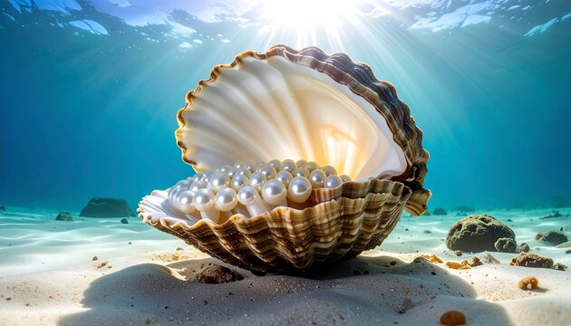 Open Seashell Filled with Lustrous Pearls Resting on Sandy Ocean Floor