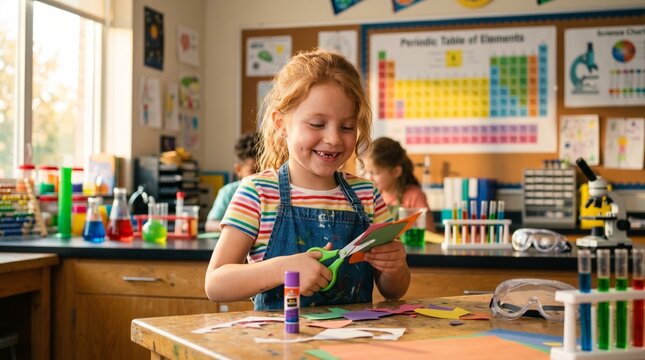 A young girl using safety scissors to cut out paper shapes near a classroom science poster display.