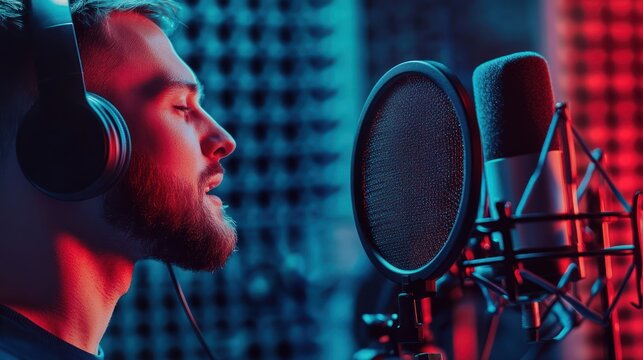 Man with headphones singing into microphone in recording studio