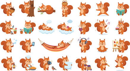 Obraz premium Cute Squirrel Cartoon Activity Set – Kawaii Forest Animal Clipart Vector