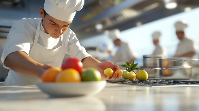 Chef carefully arranges colorful eggs on a kitchen counter
