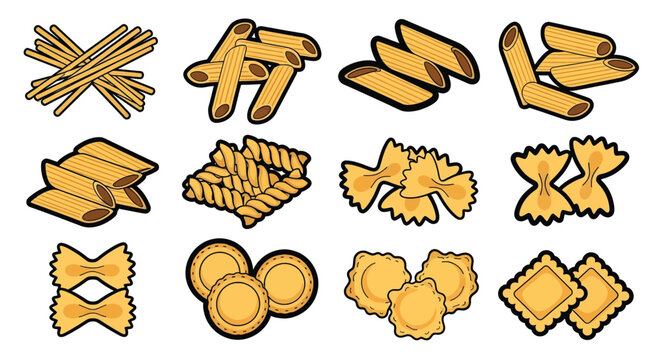 Variety of pasta shapes and types.