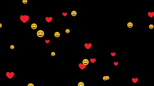Floating hearts and smiling emoji animation with alpha channel, transparent social media reaction overlay, cheerful love icons motion graphic for live stream, chat, video, and streaming content