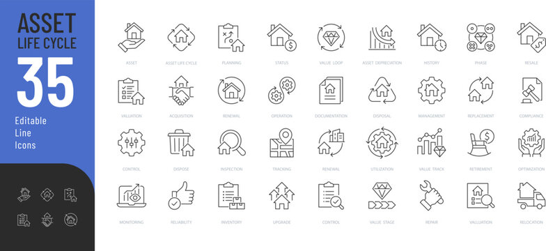 Asset Life Cycle Line Editable Icons set. Vector illustration in a modern thin line style of resources related icons: value, management, planning, and more. Isolated on transparent background.