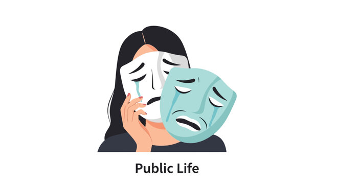 Woman hiding sadness behind a smiling mask, public persona vs inner feelings
