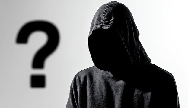 Silhouette figure in a hooded sweatshirt with a large, blurred question mark behind