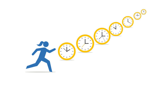 Woman Running Upwards Towards Future with Clocks