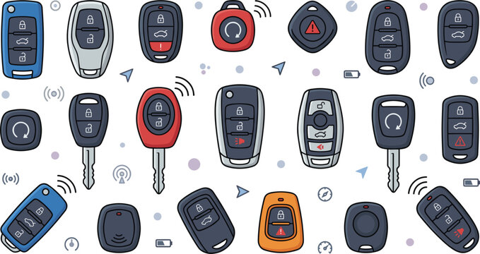 Modern car remote key collection with wireless vehicle control devices automotive security access vector illustration isolated set