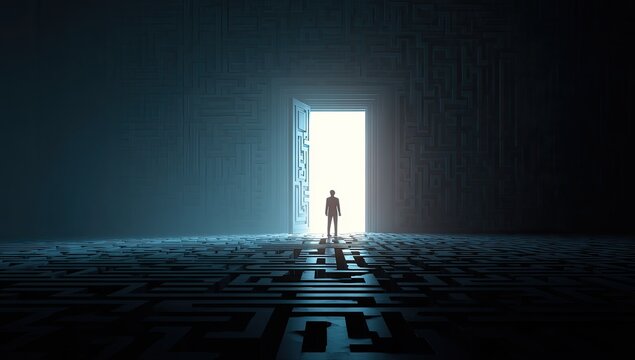 Person stands at open doorway, bright light spills out from a maze