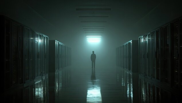Solitary figure in a foggy, illuminated server room