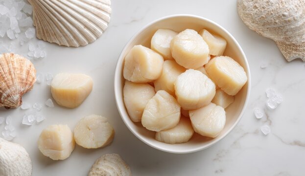 Bowl of raw fresh long dried scallops on a white marble surface with seashells around
