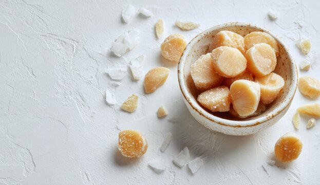 Bowl of raw fresh long dried scallops on a white surface with scattered pieces