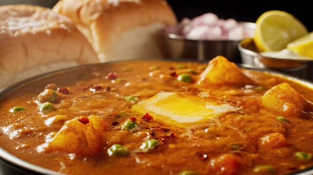 Spicy pav bhaji served with melting butter and soft bread rolls in a warm, rustic macro shot.