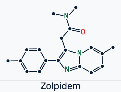 Zolpidem molecule chemical structure, sedative and hypnotic medication for insomnia treatment. Skeletal chemical formula
