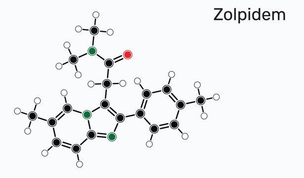 Zolpidem molecule chemical structure, sedative and hypnotic medication for insomnia treatment. Skeletal chemical formula