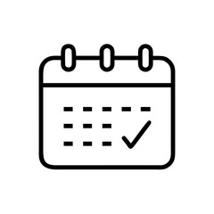 Outline calendar icon showing schedule grid and a checkmark for completion. © trandoo