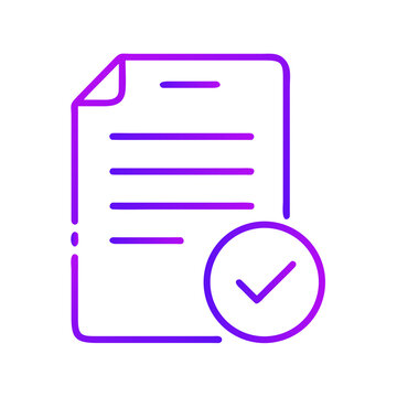 Gradient purple line document icon with verification checkmark.
