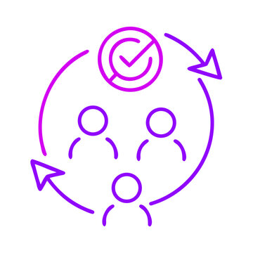 Neon purple team cycle icon with verification check mark sign.