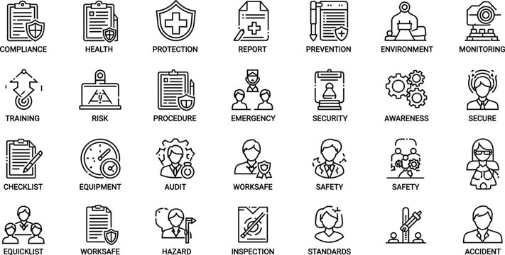 Workplace safety and industrial compliance outline icon collection for hazard prevention inspection monitoring and protection systems