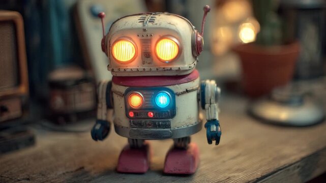 Old tin robot toy with blinking lights standing on a wooden table in a retro workshop