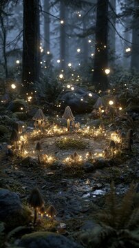Mystische Waldlichtung mit Pilzkreis und schwebenden Lichtkugeln