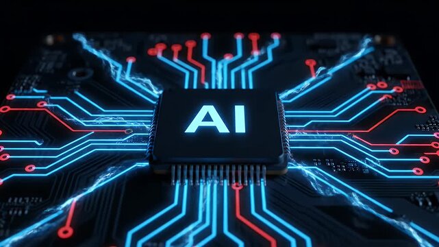 Artificial intelligence processor with glowing blue and red circuit lines on dark pc