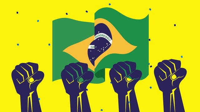 Brazilian flag waves proudly with raised fists, symbolizing national pride and unity, motion graphics.